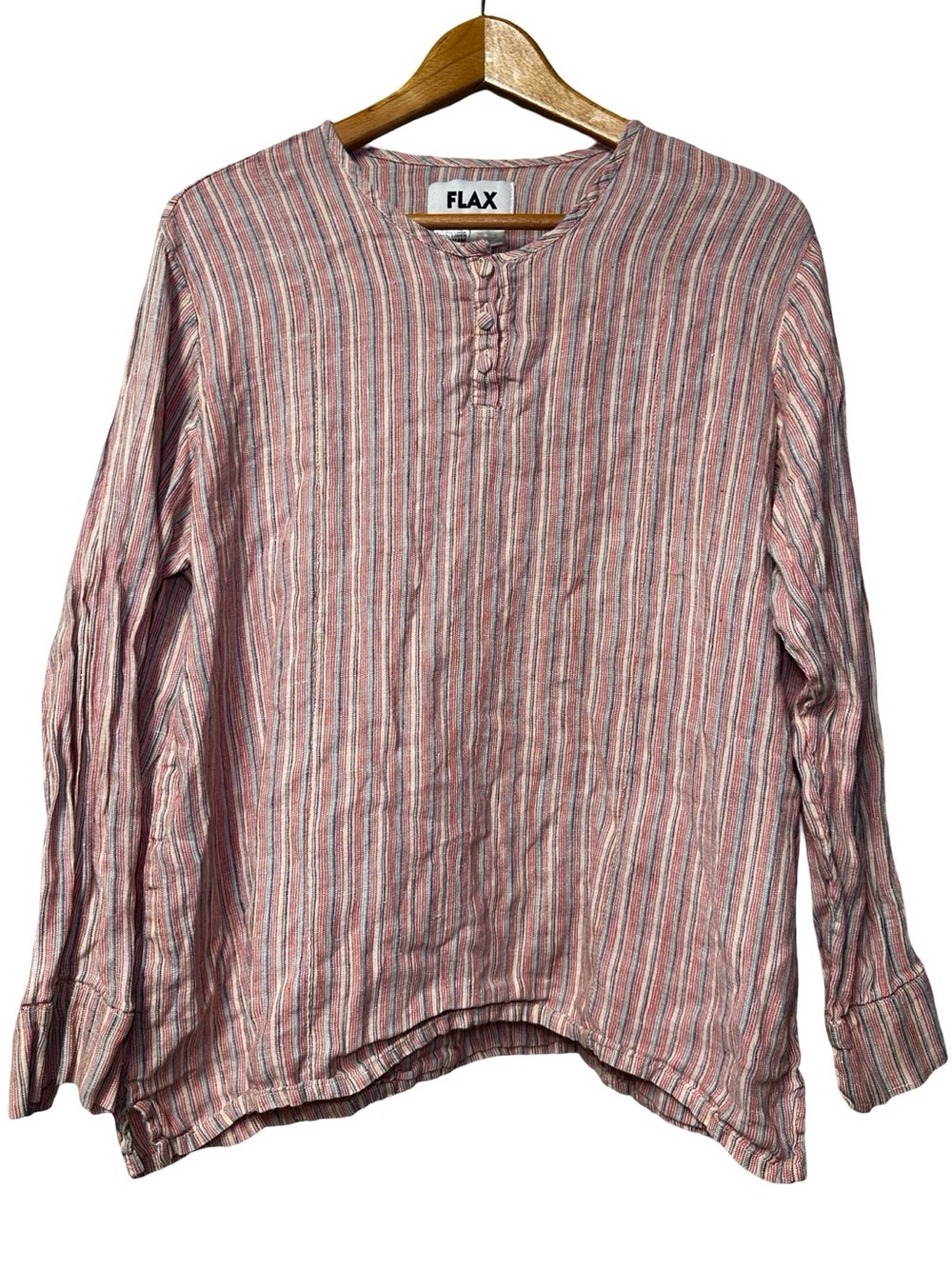 FLAX Multicolor Stripe Linen Long Sleeve Relaxed Henley Shirt Medium Lagenlook